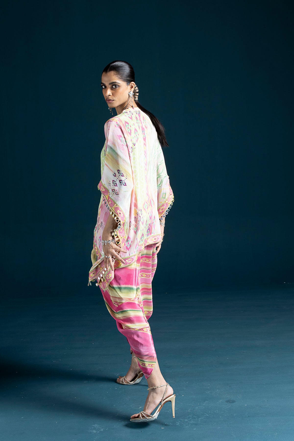 Mehr Ikat-Inspired Kaftan & Dhoti Co-ord Set - Pink
