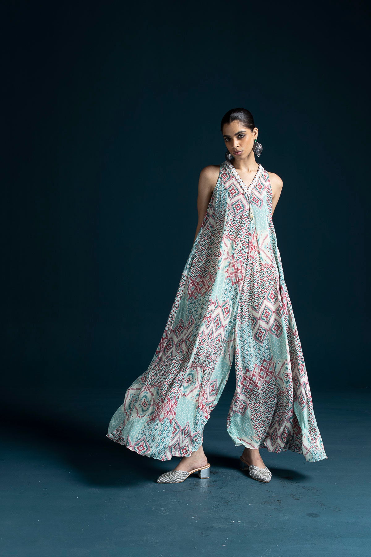 Mahru Ikat-Inspired Flared Jumpsuit – Pink & Pista