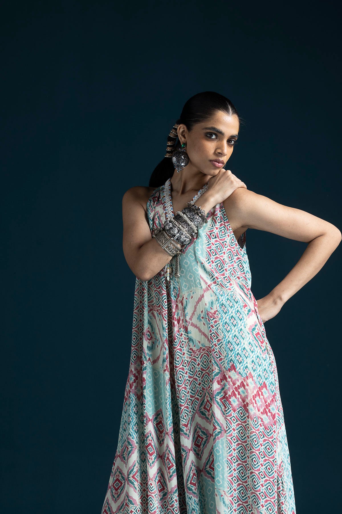 Mahru Ikat-Inspired Flared Jumpsuit – Pink & Pista