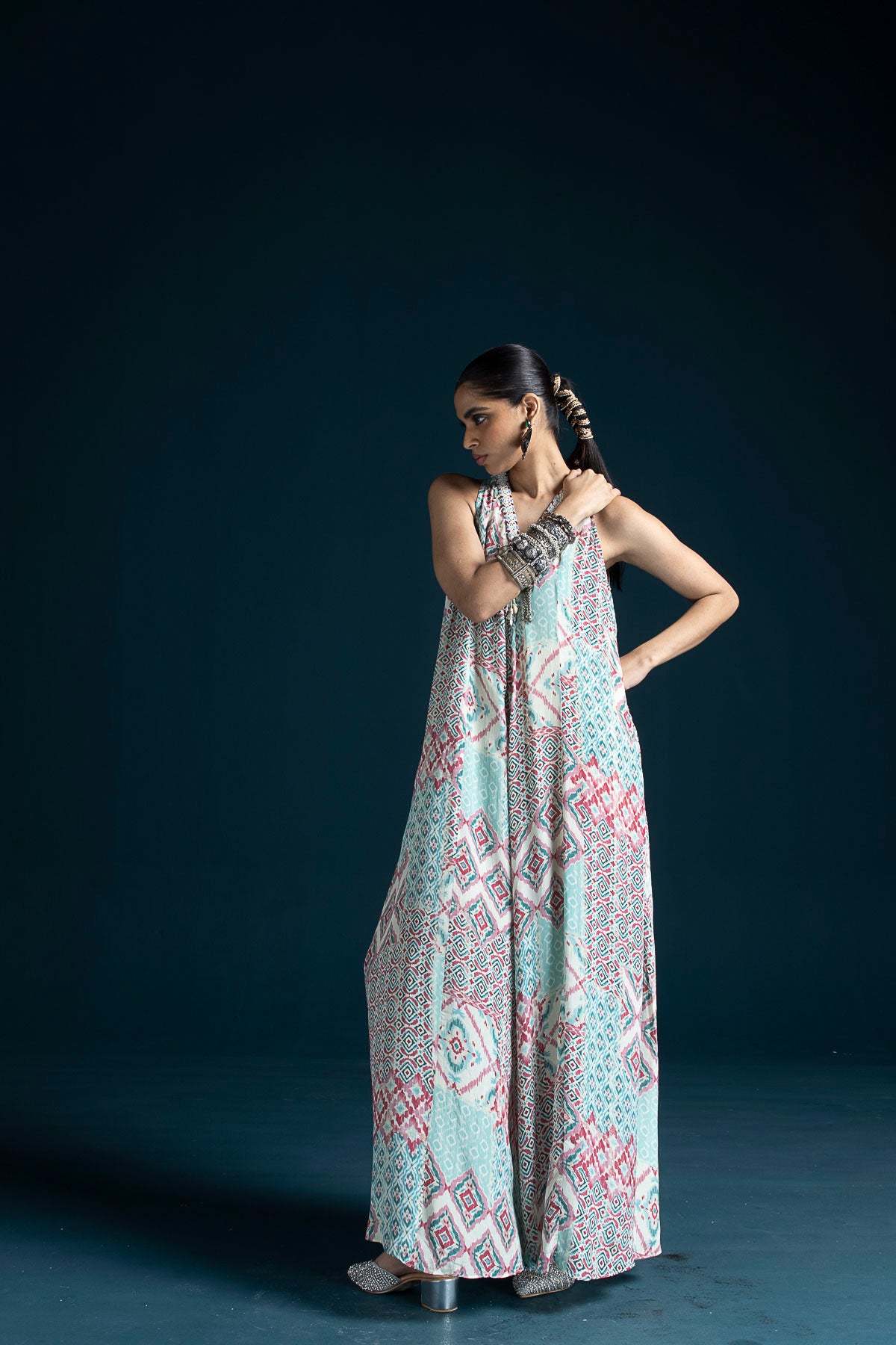 Mahru Ikat-Inspired Flared Jumpsuit – Pink & Pista