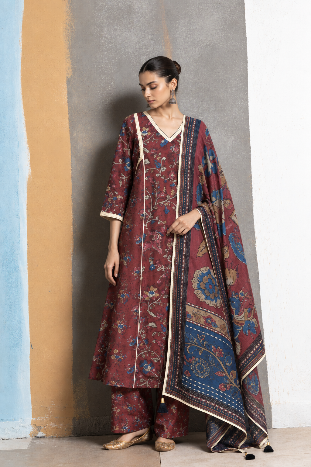 Azal Kalamkari-inspired Kurta Set -Maroon