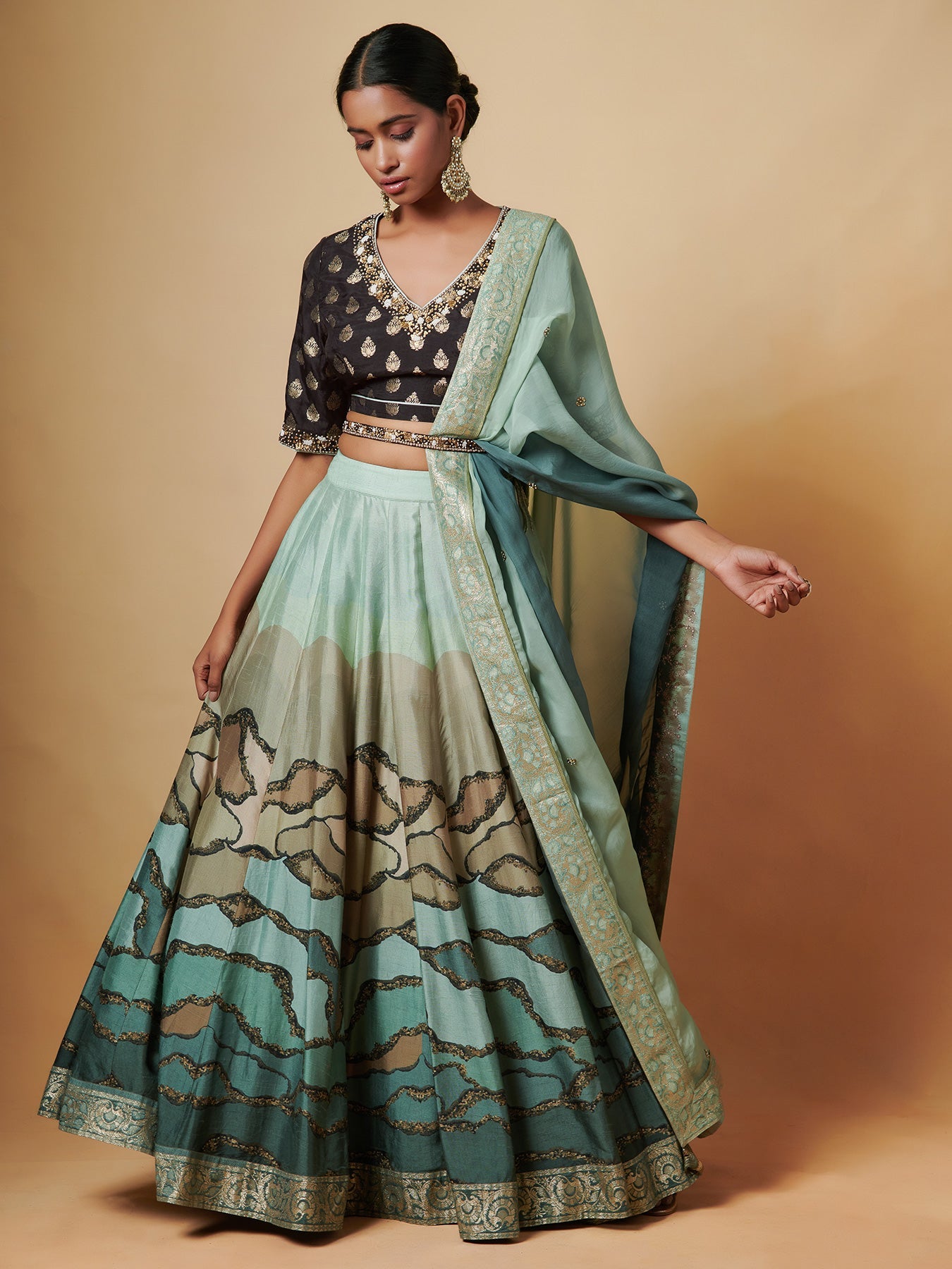 Agni Teal Lehenga Set in Raw Silk