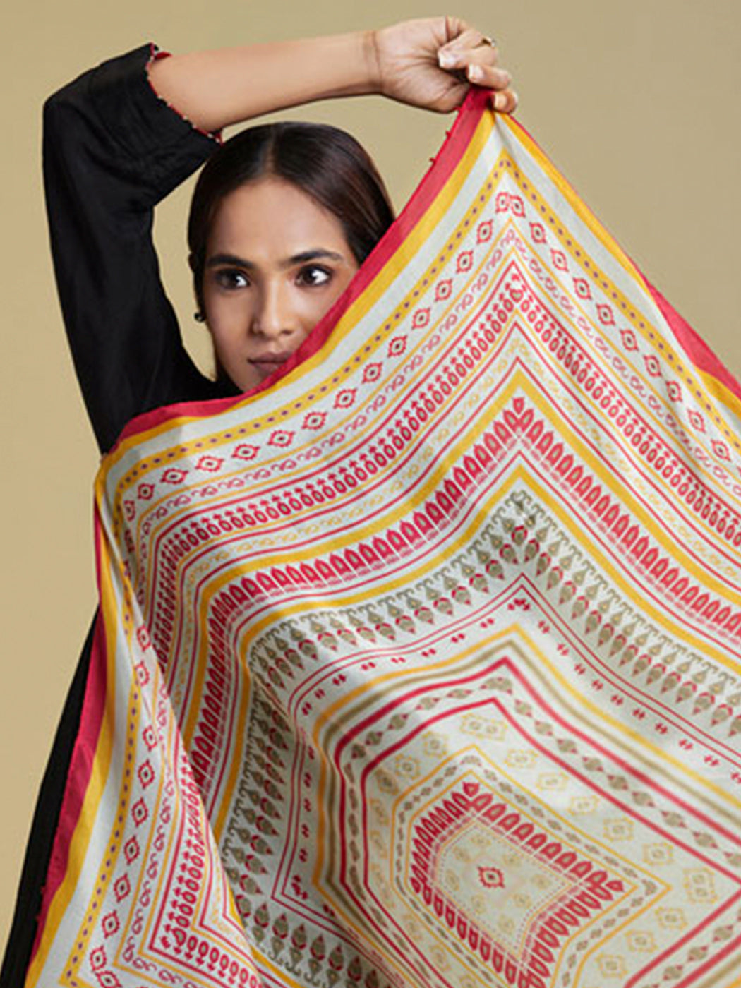 Ajrak cotton silk printed scarf in Ivory