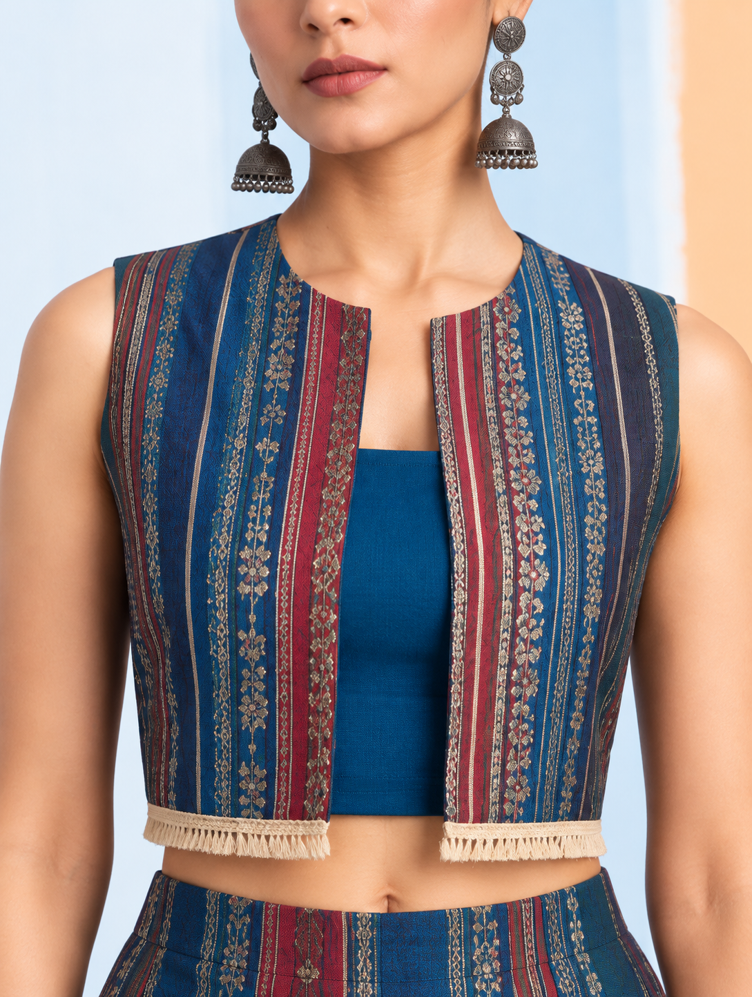 Teela Kalamkari-inspired Co-ord Set with Jacket - Teal