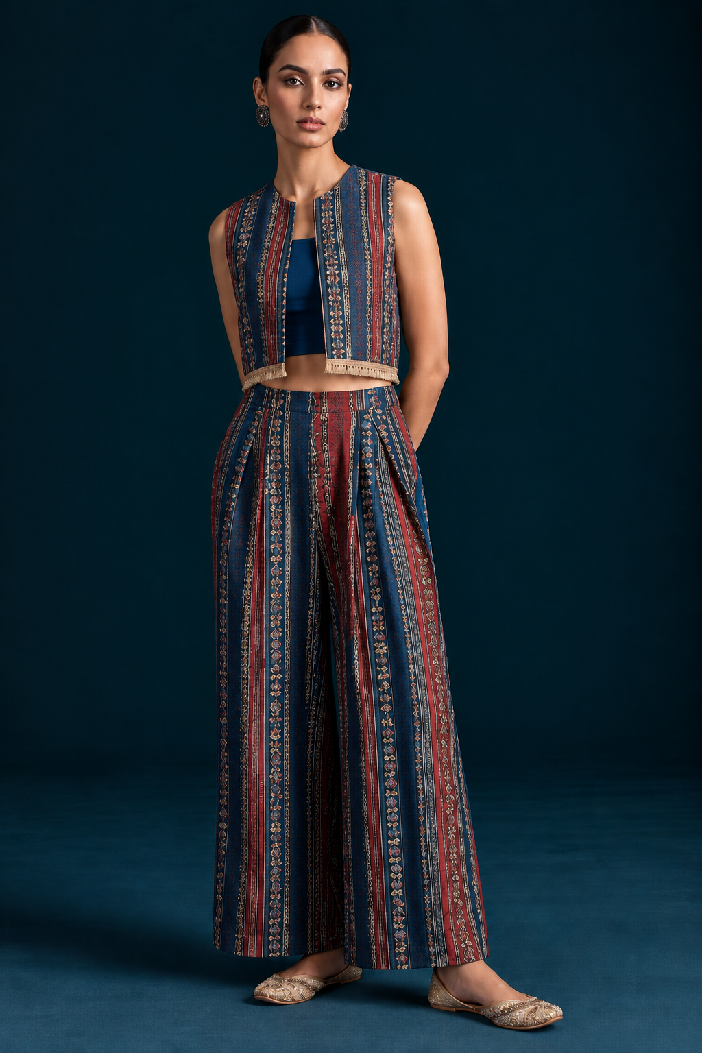 Teela Kalamkari-inspired Co-ord Set with Jacket - Teal
