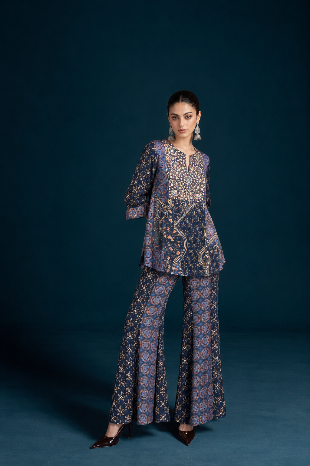 Nazm Ajrakh-Inspired Tunic & Palazzo Co-ord Set - Navy Blue