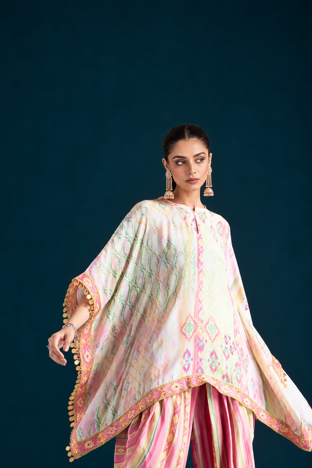 Mehr Ikat-Inspired Kaftan & Dhoti Co-ord Set - Pink