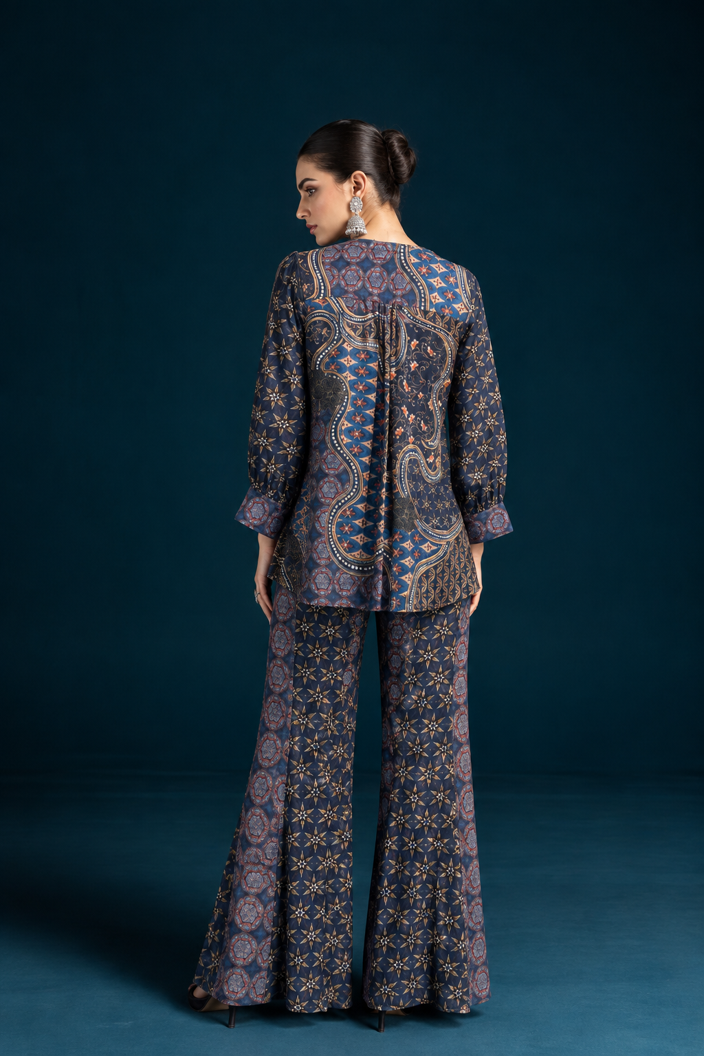 Nazm Ajrakh-Inspired Tunic & Palazzo Co-ord Set - Navy Blue