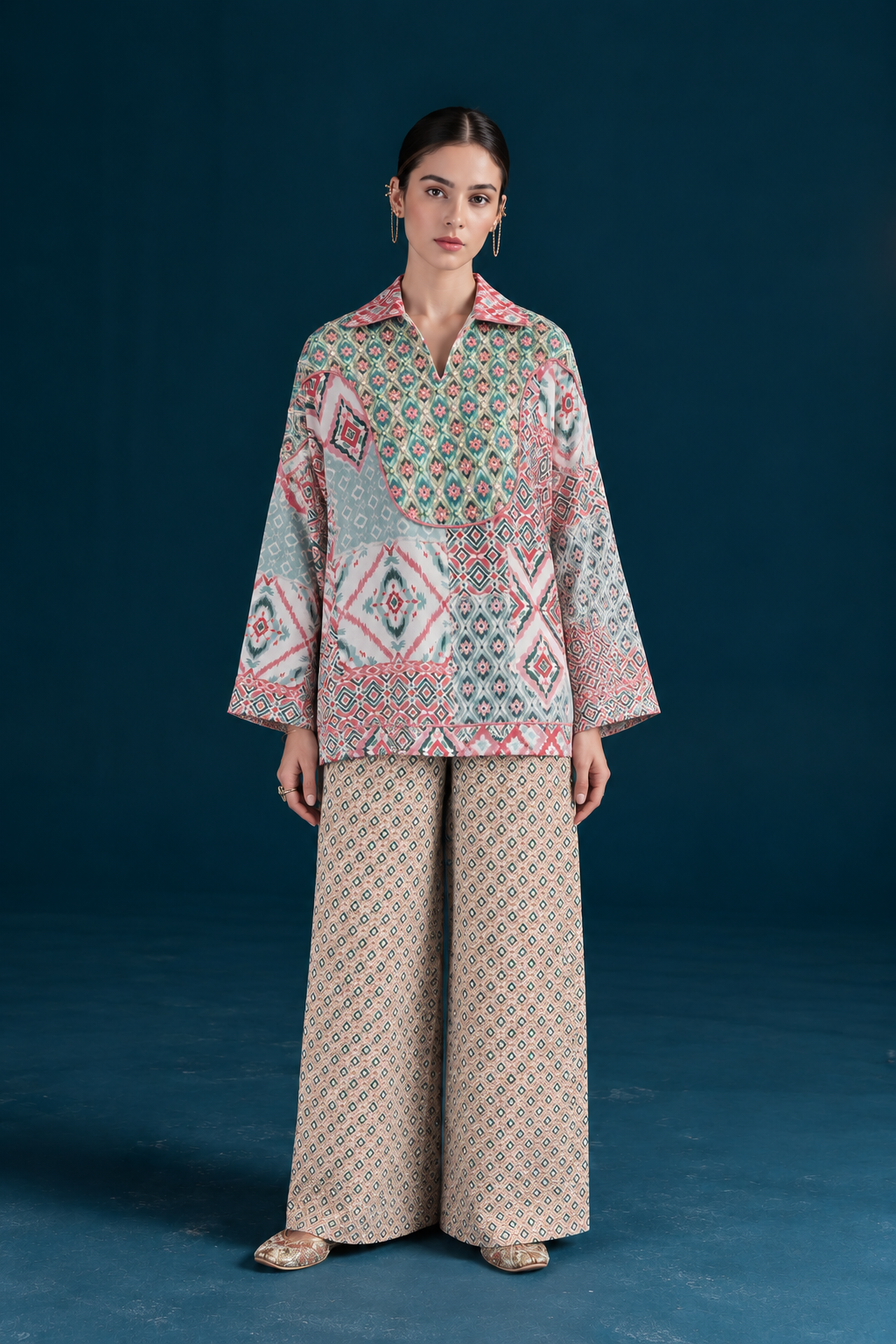 Rangrez Ikat-inspired top and bottom Co-ord set - Mint Blue