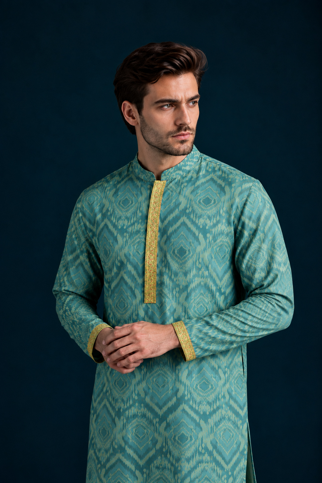 Gumaan Ikat-Inspired Printed Men's Kurta - Teal