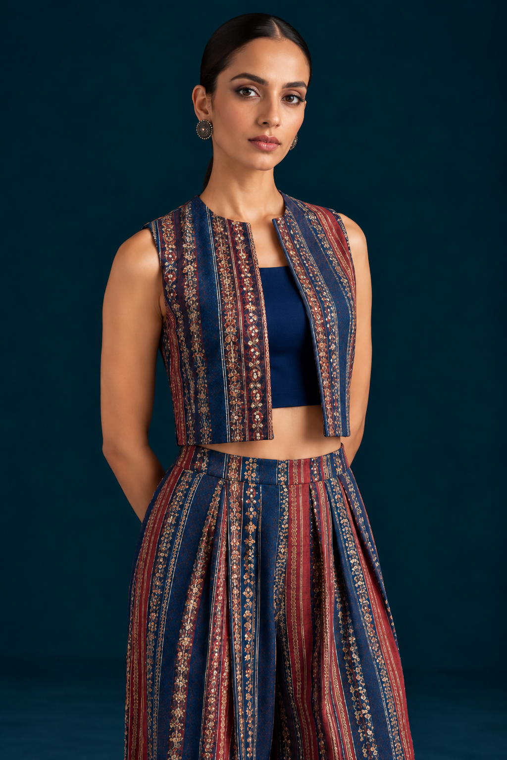 Teela Kalamkari-inspired Co-ord Set with Jacket - Teal