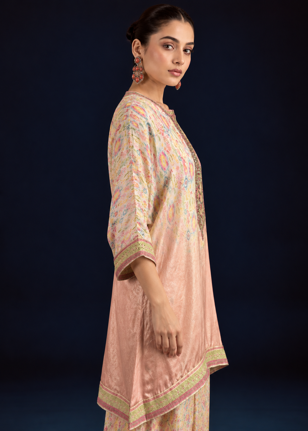 Aroha Ikat-inspired kurta set - Peach/yellow