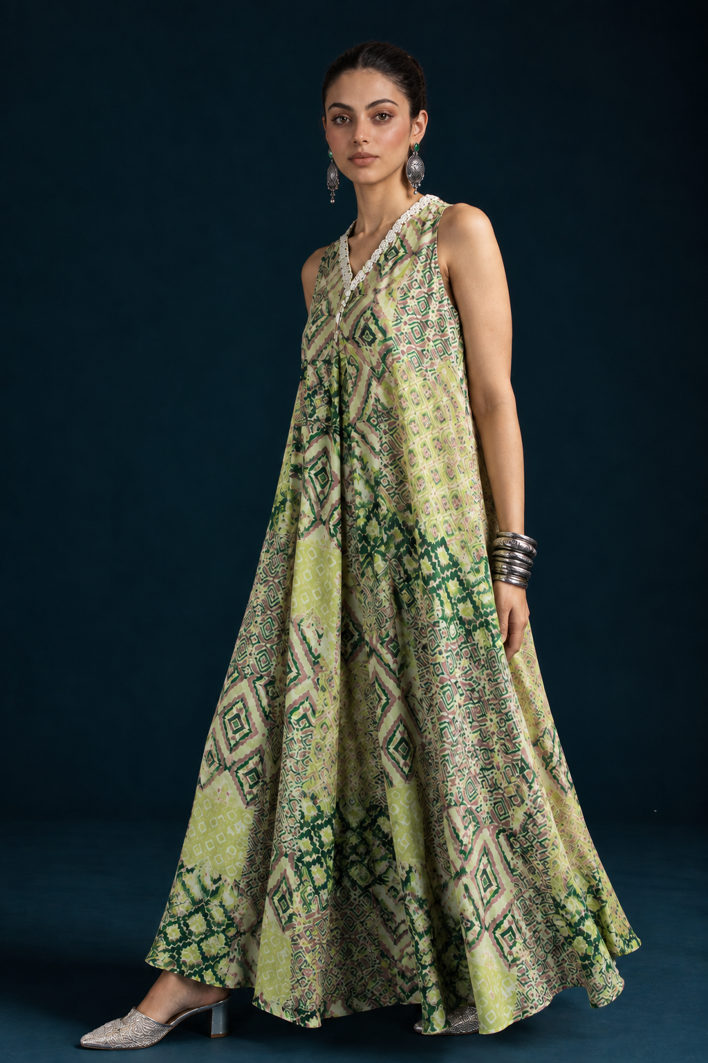 Mahru Ikat-Inspired Flared Jumpsuit - Green