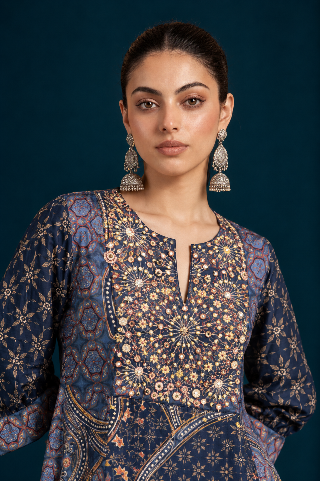 Nazm Ajrakh-Inspired Tunic & Palazzo Co-ord Set - Navy Blue