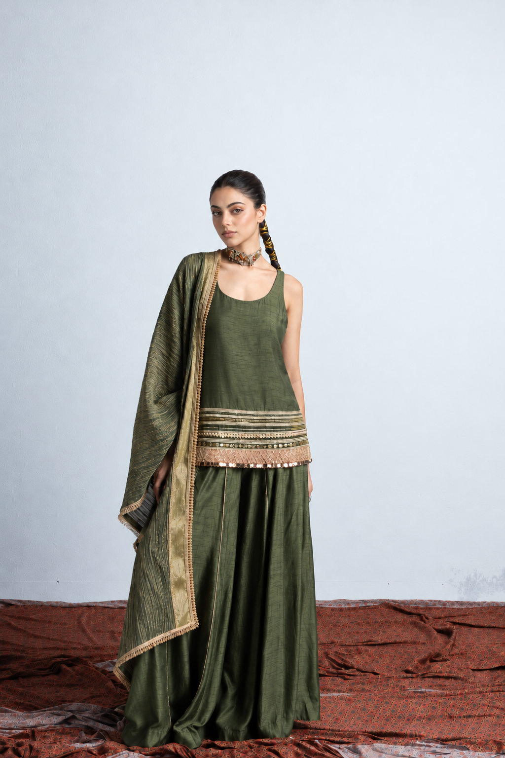 Zehn Kalamkari-inspired kurta set -Olive