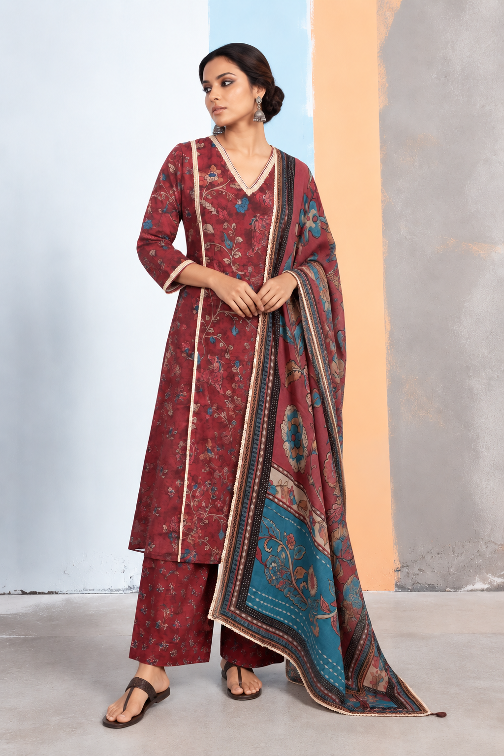 Azal Kalamkari-inspired Kurta Set -Maroon