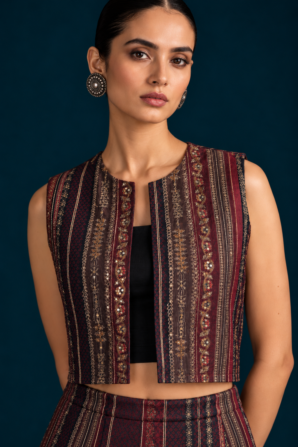 Rekh Kalamkari-inspired Co-ord Set with Jacket - Black