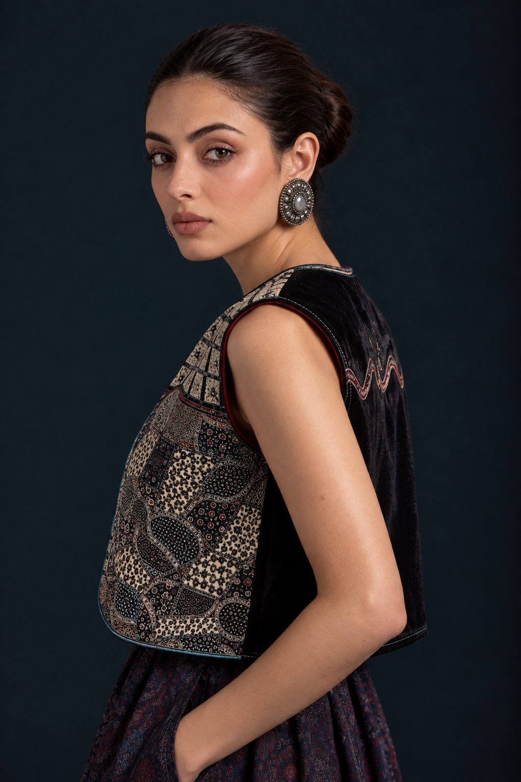 Akhar Ajrakh-Inspired Embroidered Velvet Jacket - Black