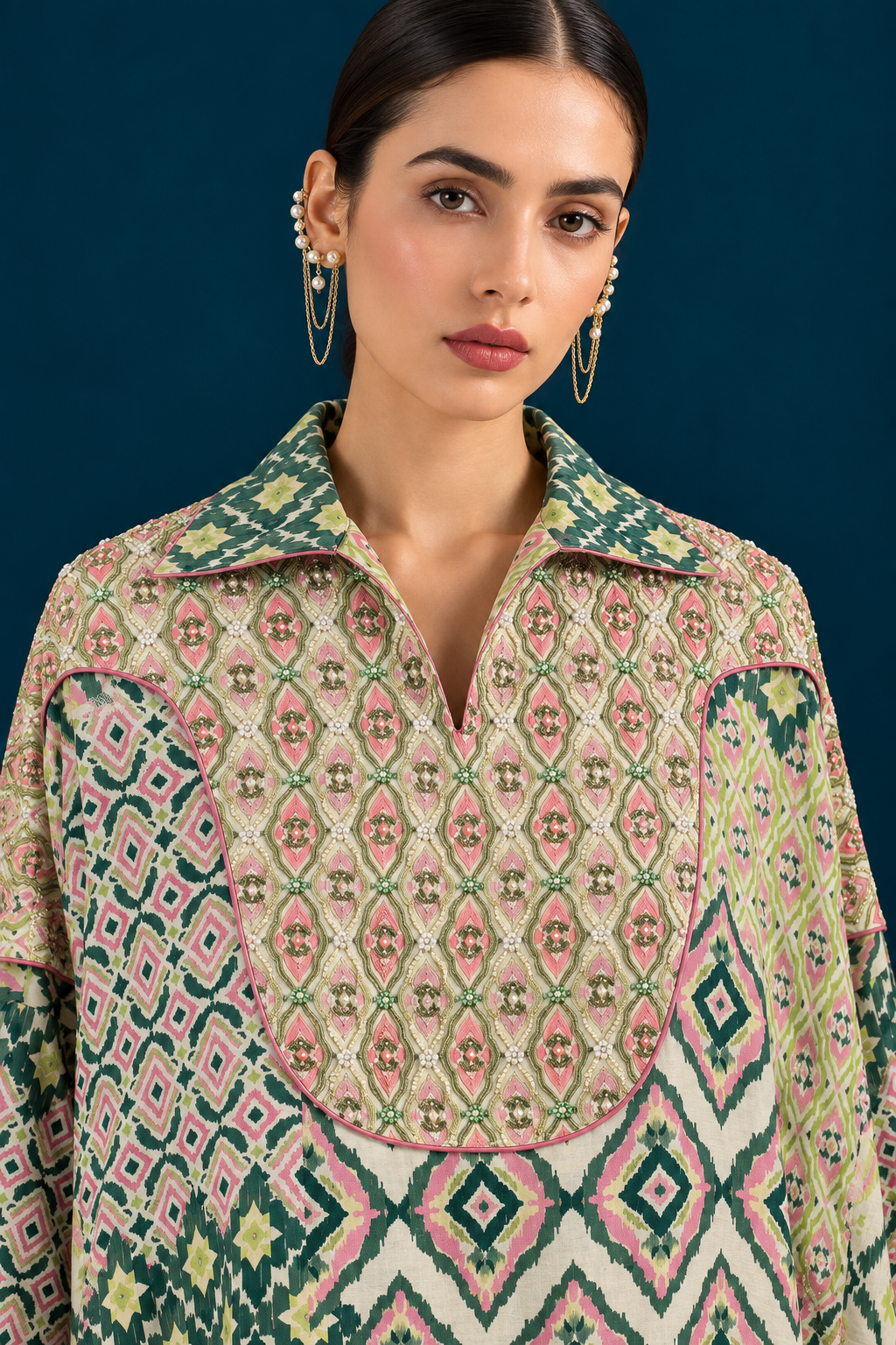 Rangrez Ikat-inspired top and bottom Co-ord set - Green