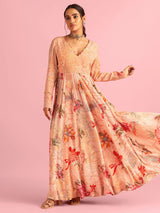 Floral Fantasy Peach Natural Crepe Printed Gown