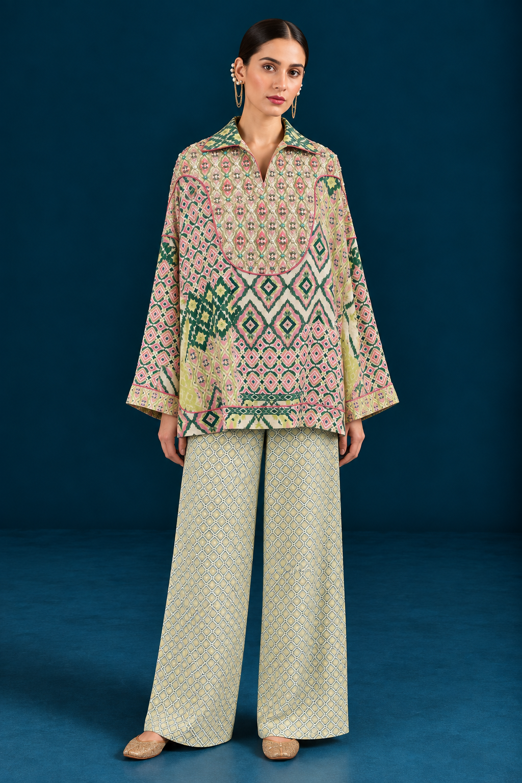 Rangrez Ikat-inspired top and bottom Co-ord set - Green