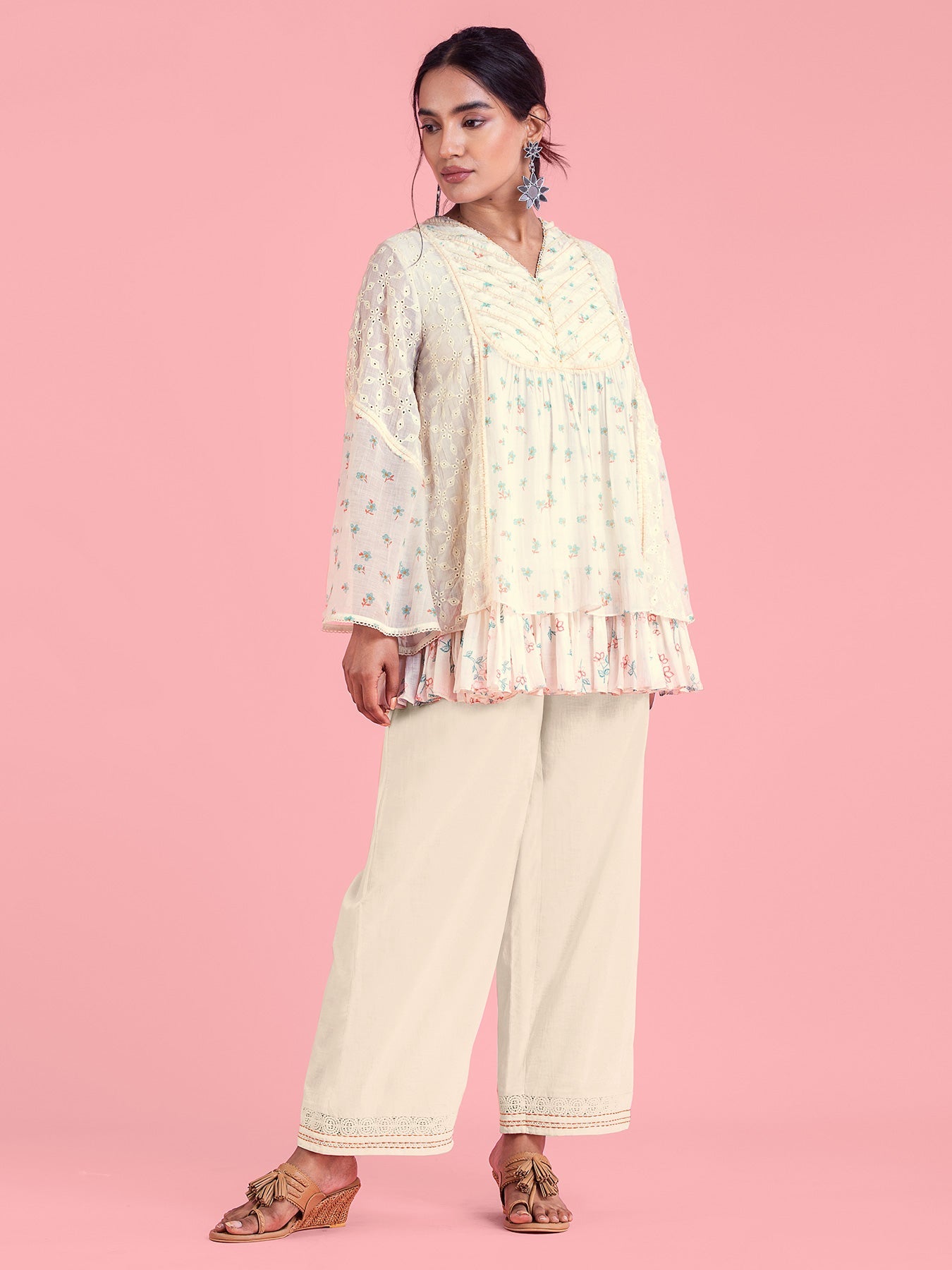 Frozen Off White Layered Top with Flared Sleeves