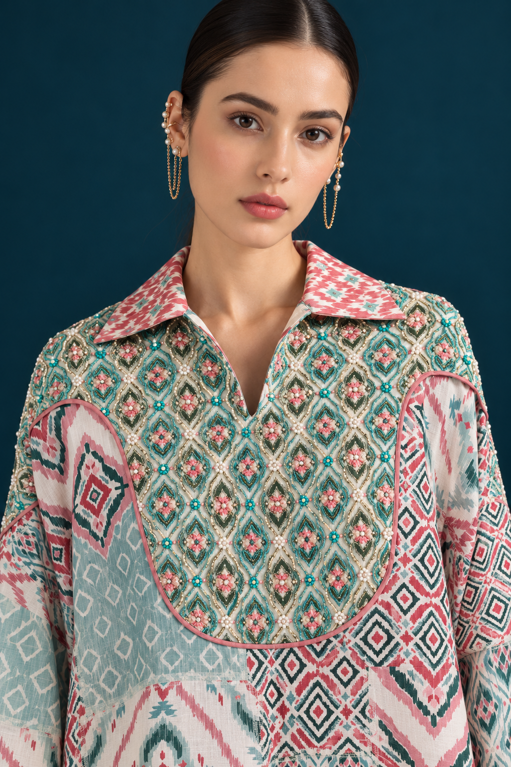 Rangrez Ikat-inspired top and bottom Co-ord set - Mint Blue