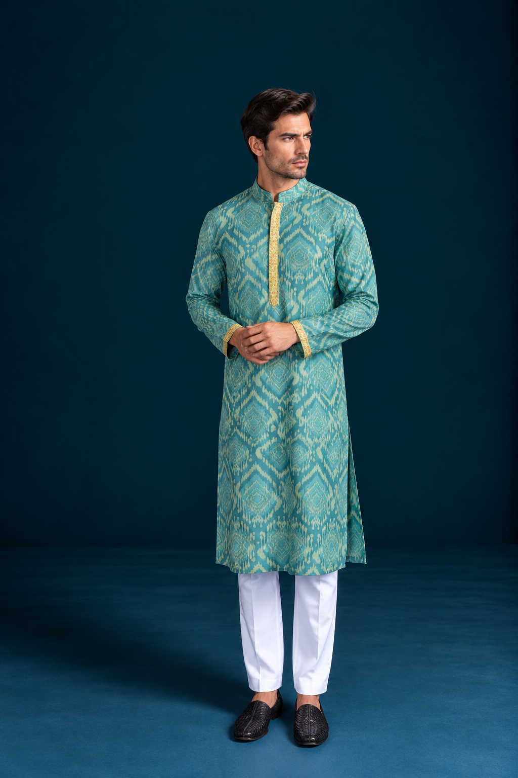 Gumaan Ikat-Inspired Printed Men's Kurta - Teal