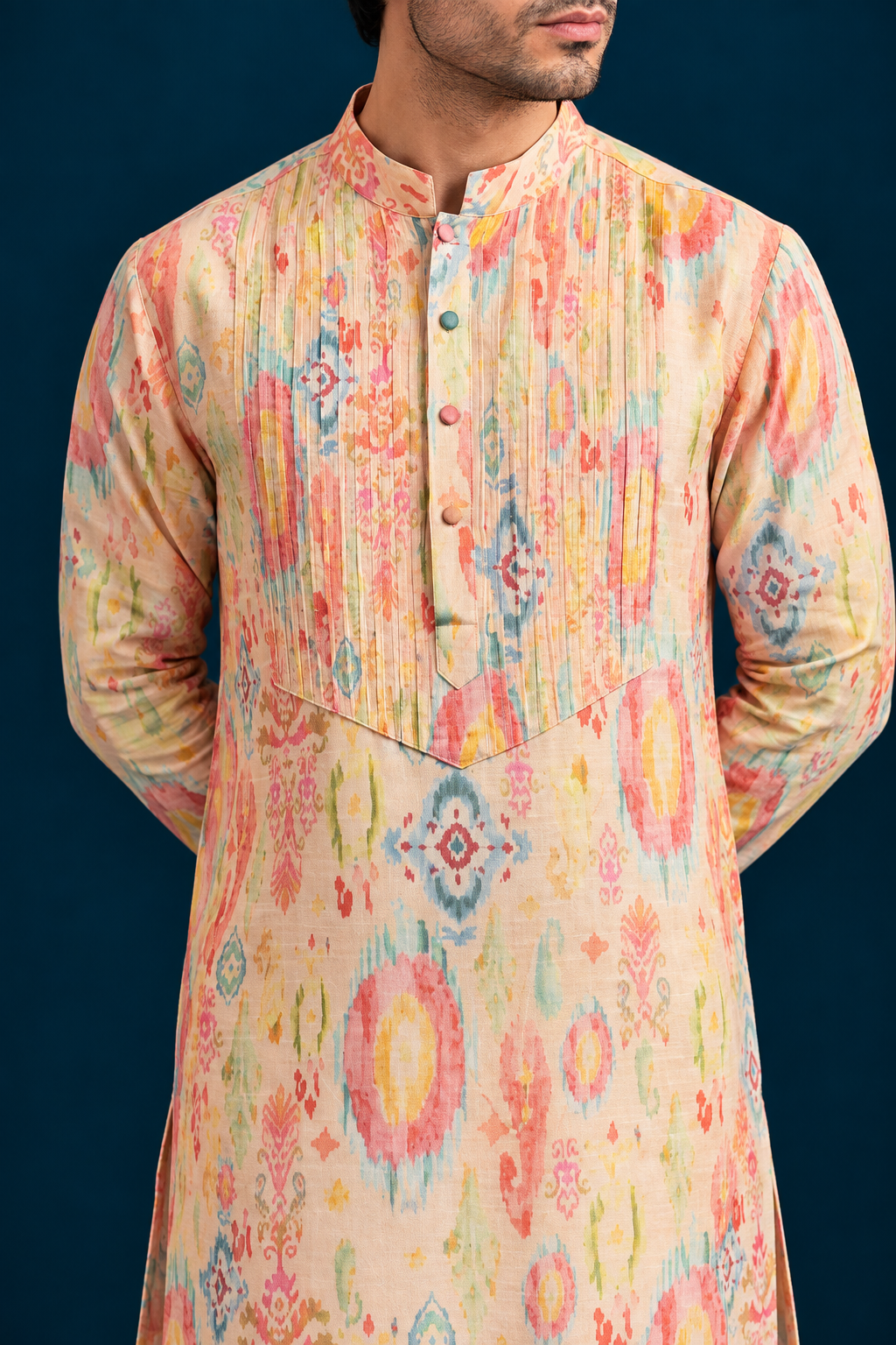 Naqsh Ikat-Inspired Printed Men's Kurta - Multi Pink