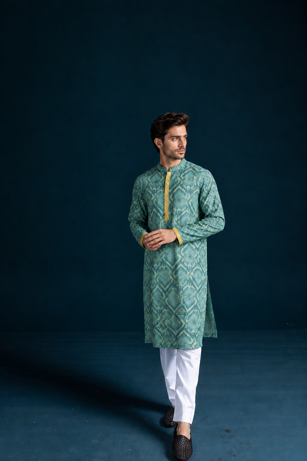 Gumaan Ikat-Inspired Printed Men's Kurta - Teal