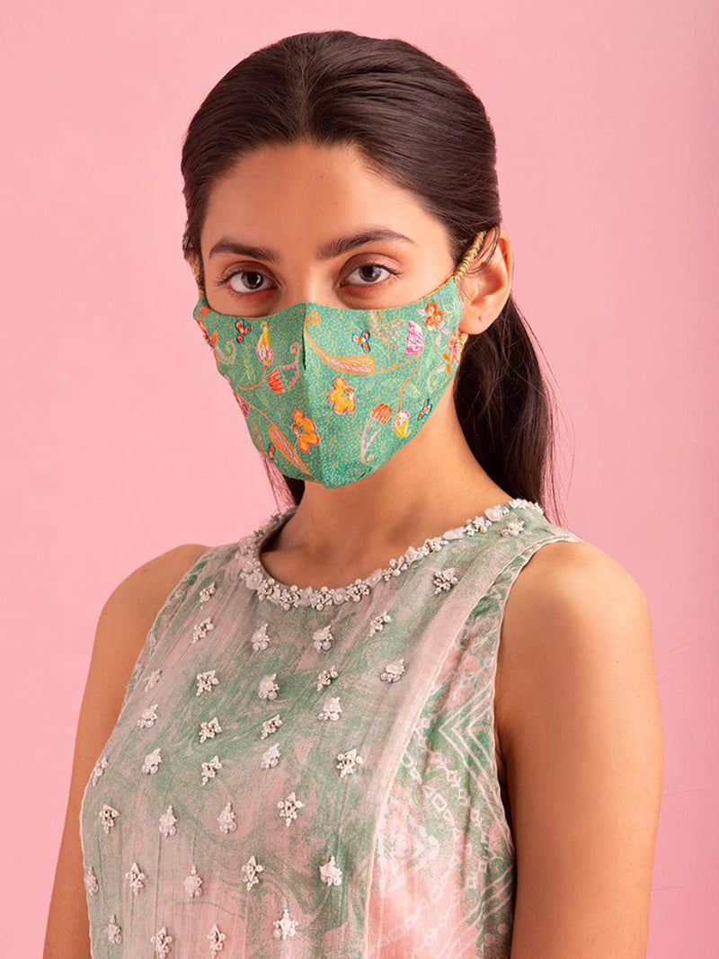 Printed Kelly Green Reusable 3 Layer Cotton Mask Free Size
