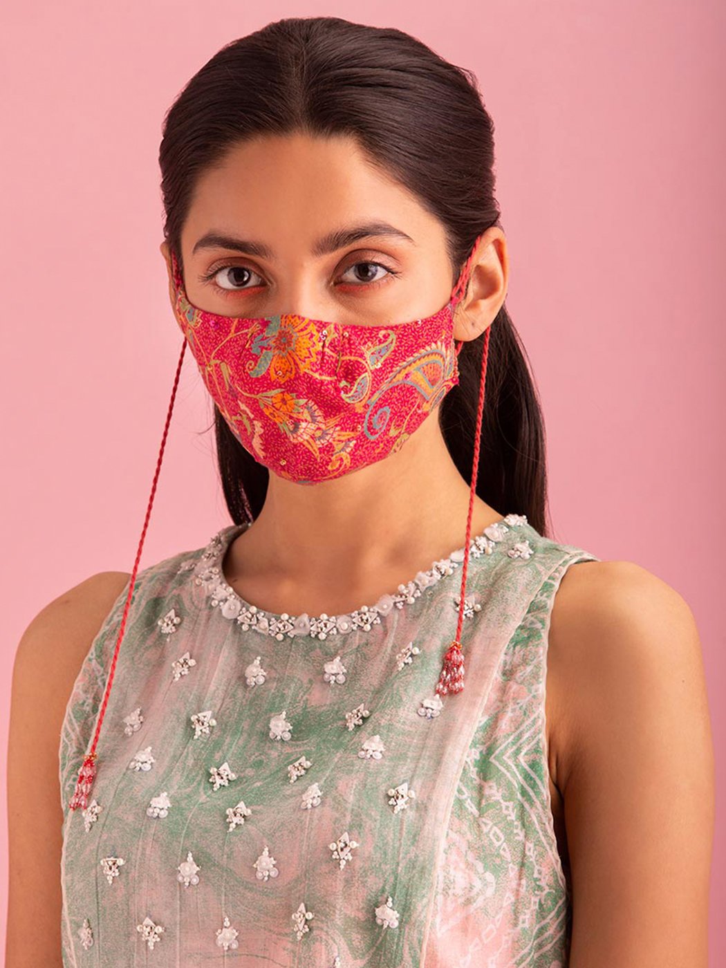 Printed Fuschia Pink Reusable 3 Layer Cotton Mask Free Size