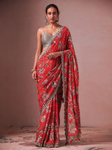Red Printed Orchard Saree | Shop Saundh