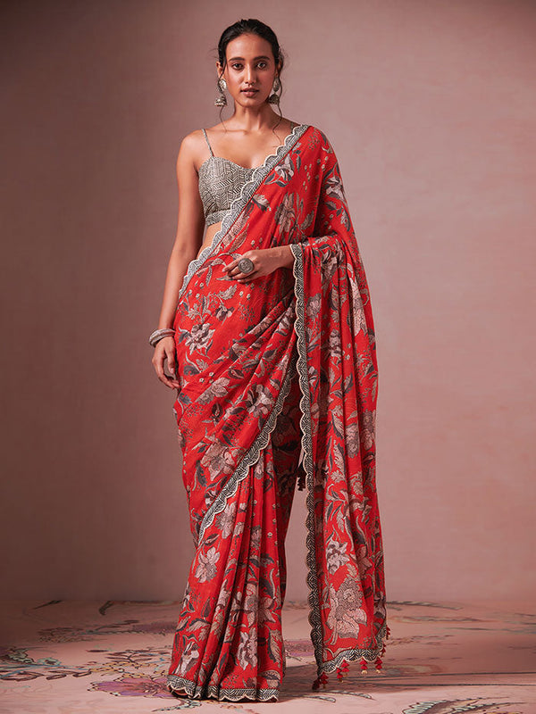 Red Printed Orchard Saree | Shop Saundh