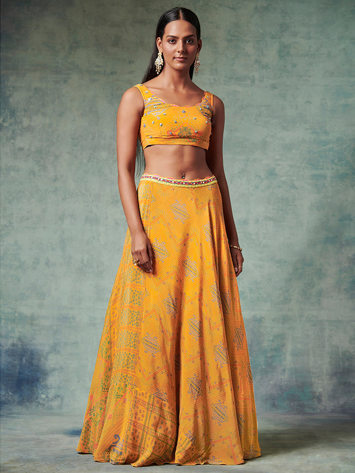 Yellow Printed Lehenga with Jacket | Shop Saundh