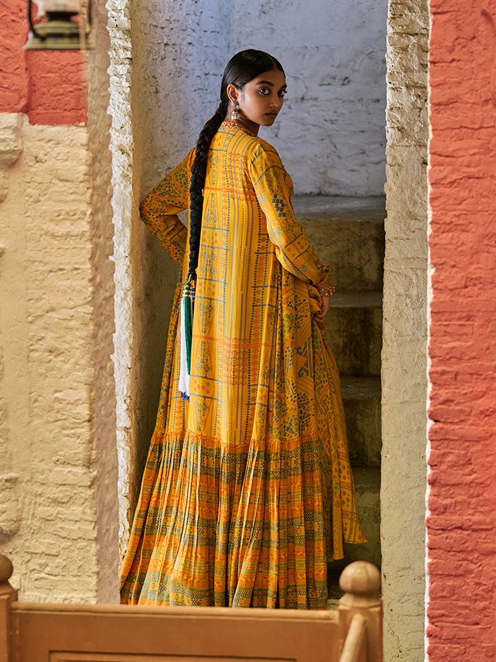 Apatani Yellow Printed Lehenga with Jacket