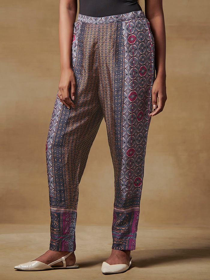Grey Printed Slim Fit Trousers | Shop Saundh