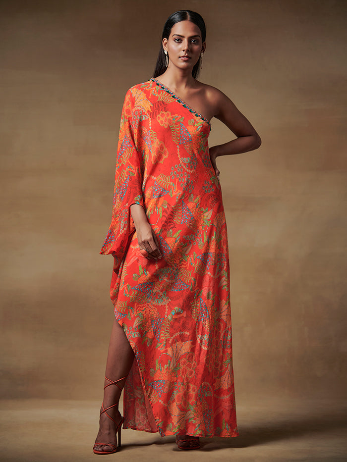 One Shoulder Long Kaftan Dress with Slit