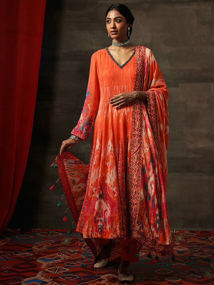 Apricot Printed Anarkali Set | Shop Saundh