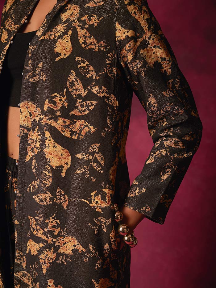 Black Printed Open Jacket | Shop Saundh