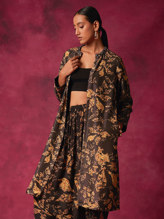 Black Printed Open Jacket | Shop Saundh