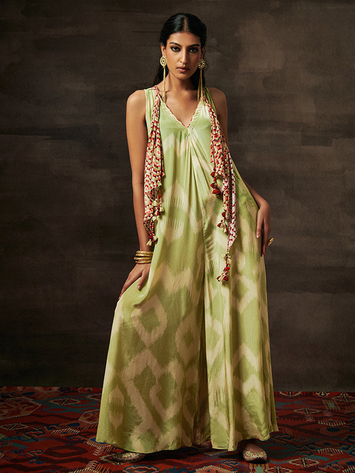 Olive Printed Jumpsuit with Scarf | Shop Saundh