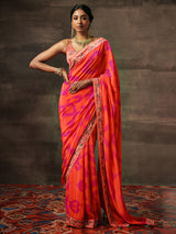 Printed Pink & Orange Saree | Shop Saundh