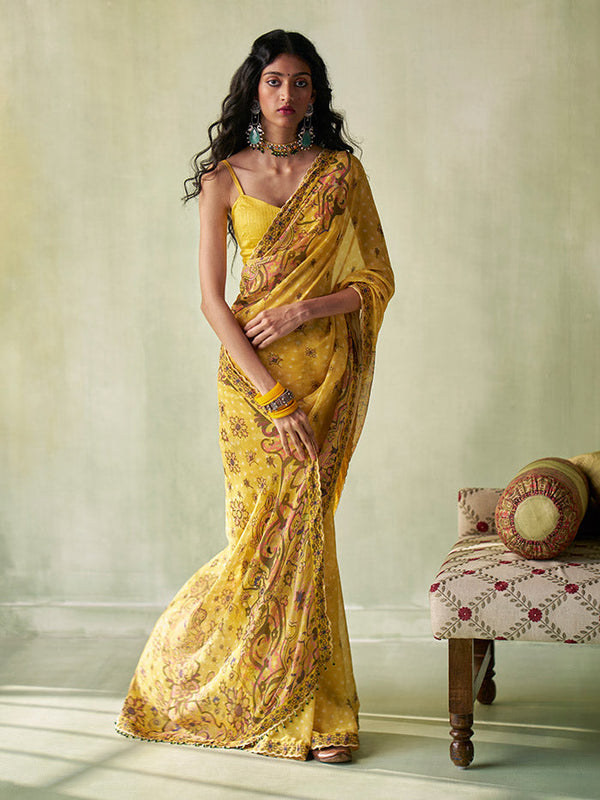 Yellow Printed Saree | Shop Saundh