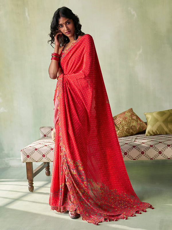 Red Printed Saree | Shop Saundh