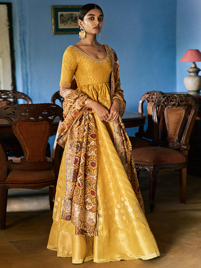 Mustard Yellow Jacquard Lehenga with Dupatta | Shop Saundh