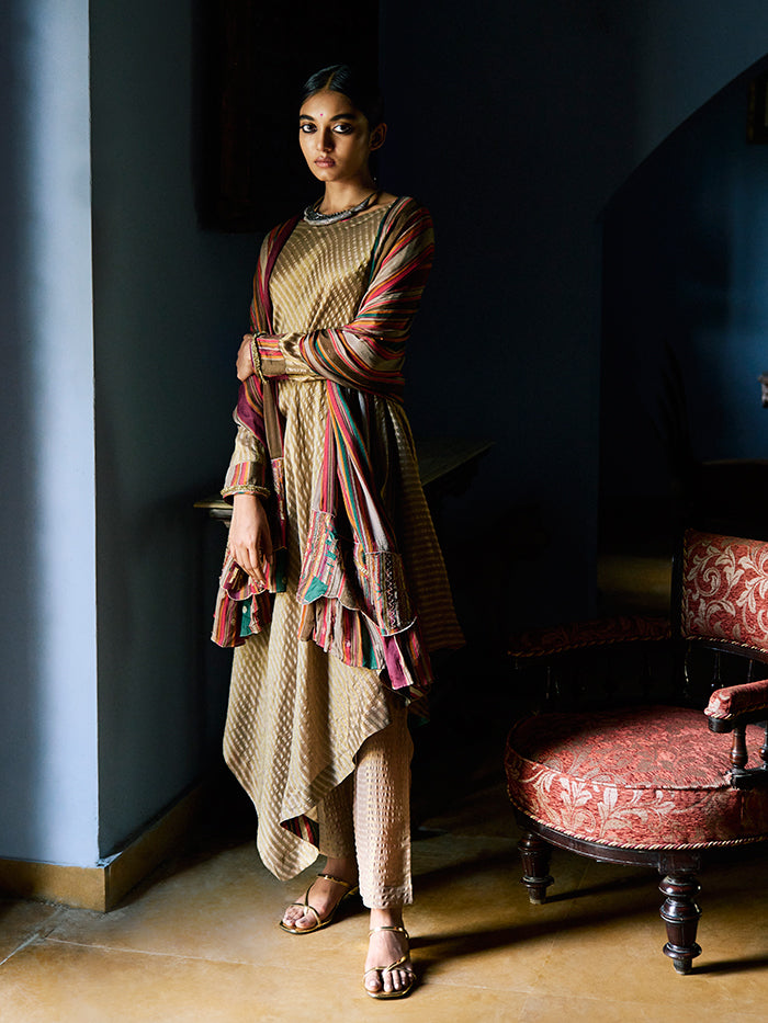 Myoko Gold Kurta Set with Multicoloured Stripes Dupatta