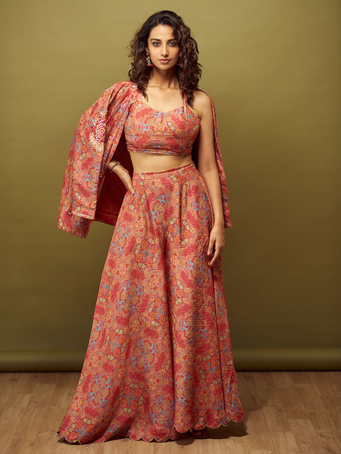 Nyishi Red Printed Jacket Set with Flared Pants and Belt