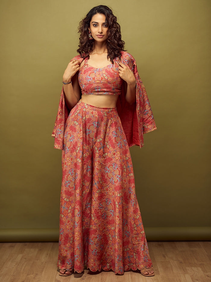 Nyishi Red Printed Jacket Set with Flared Pants and Belt