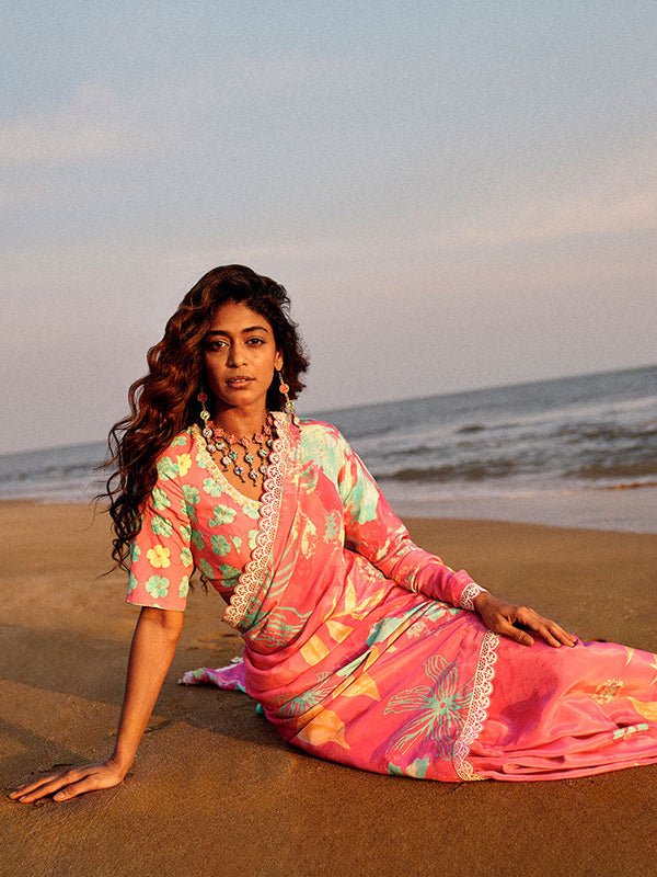 Pink Printed Saree| Shop Saundh
